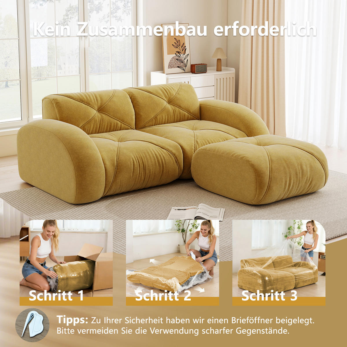 2-SITZER ECKSOFA Chenille Gelb mit Hocker - Gelb, Textil (204/171cm) - WISHDOR