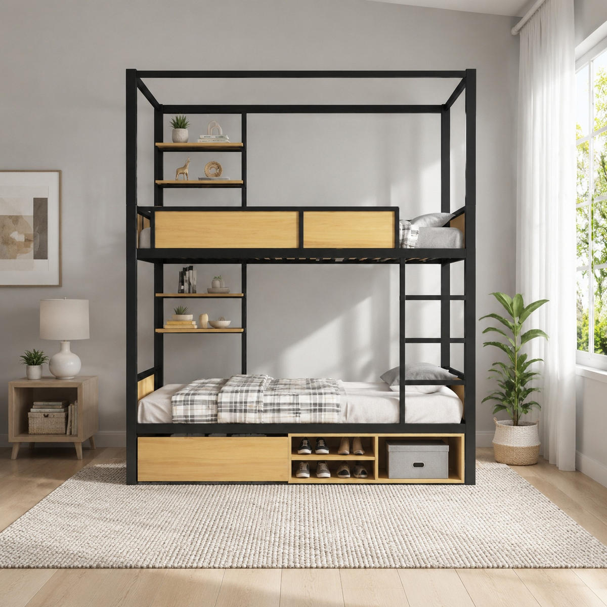 ETAGENBETT 90/200 mit Ablageboard und Stauraum in Schwarz und Natur - Schwarz, Holzwerkstoff/Metall (90/200cm) - EVRYAE