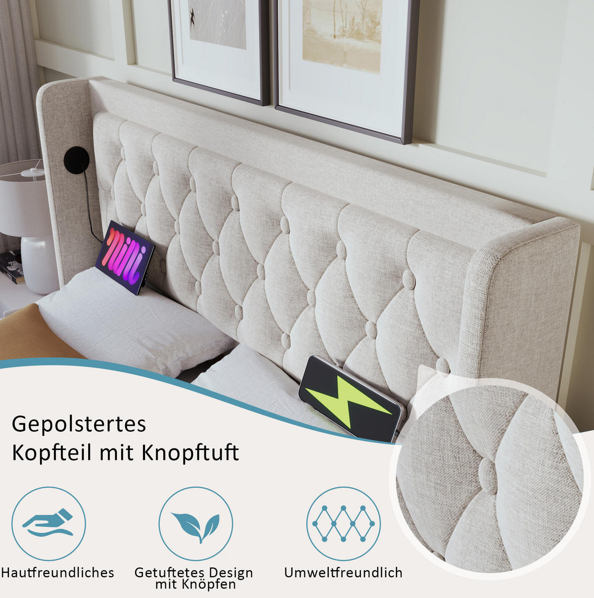 POLSTERBETT 140/200 cm mit LED-Beleuchtung, USB-C, hydraulischem Bettkasten und Matratze, Baumwolle, Beige - Beige, Textil (140/200cm) - Redom