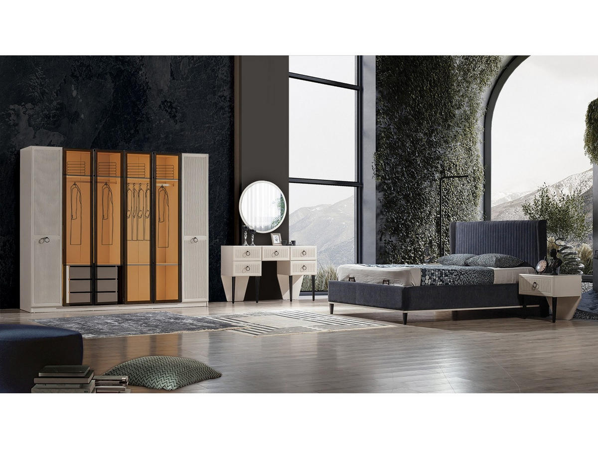 BETTANLAGE SAVANA Schlafzimmer-Set, 5-teilig, Schwarz, Bett mit Kopfteil, 2 Nachttische, Kleiderschrank und Kommode - Schwarz, Holzwerkstoff (160/200cm)