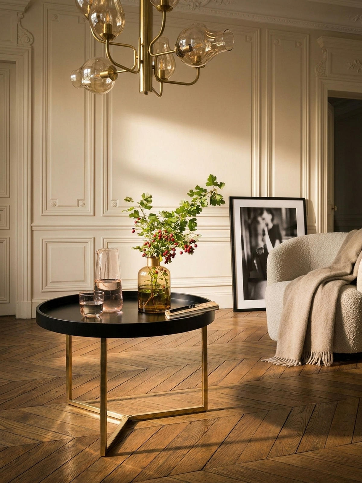 SOFATISCH LIA Rund mit Metallgestell, abnehmbares Tablett und Anti-Rutsch-Noppen, Gold 58 x 58 x 42 cm - Goldfarben, Holz/Metall (58/58/42cm) - KADIMA DESIGN