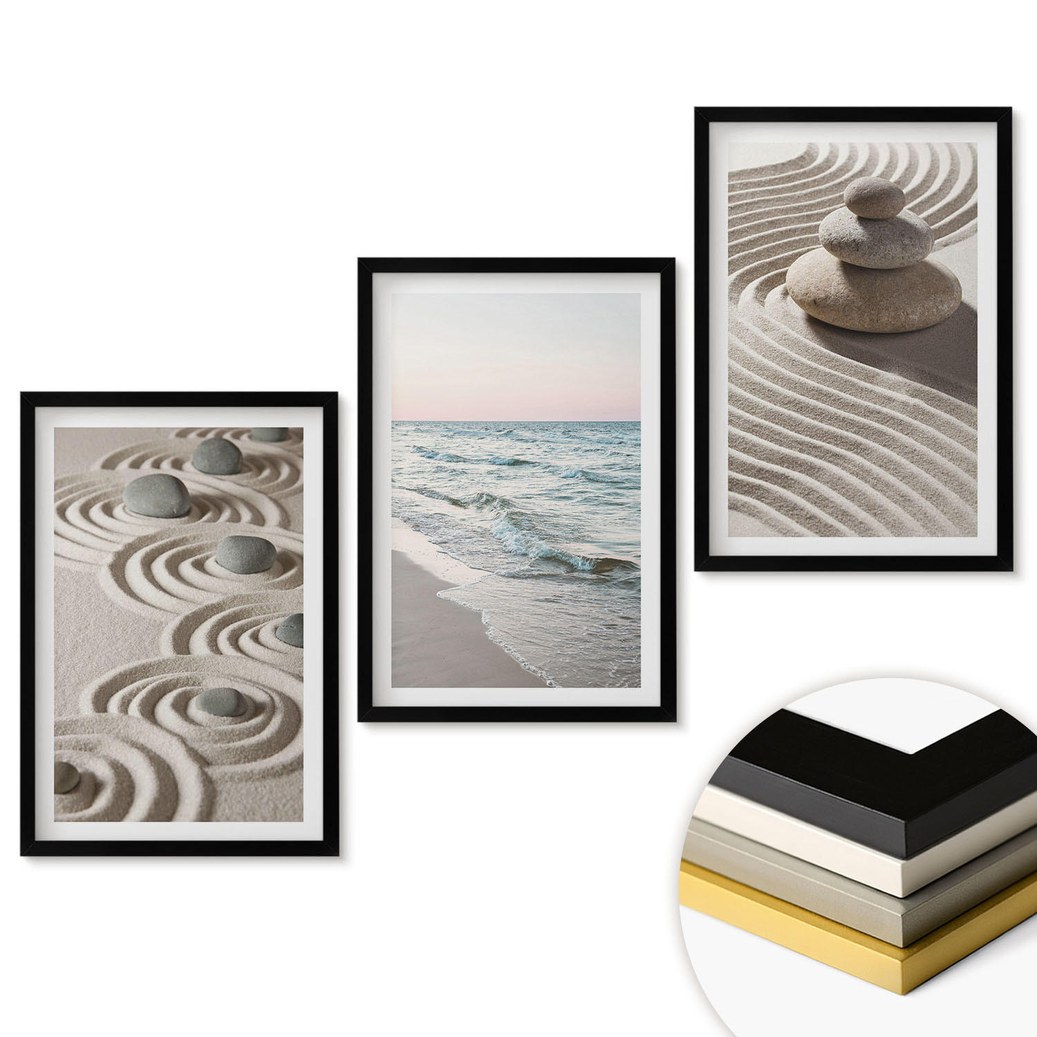 WANDBILDER 3er-Set - 40x60 cm Schwarzer Rahmen - Wellen, Sand, Wasser, Steine, Strand - Schwarz, Kunststoff (40/60cm) - ArtPrintCave