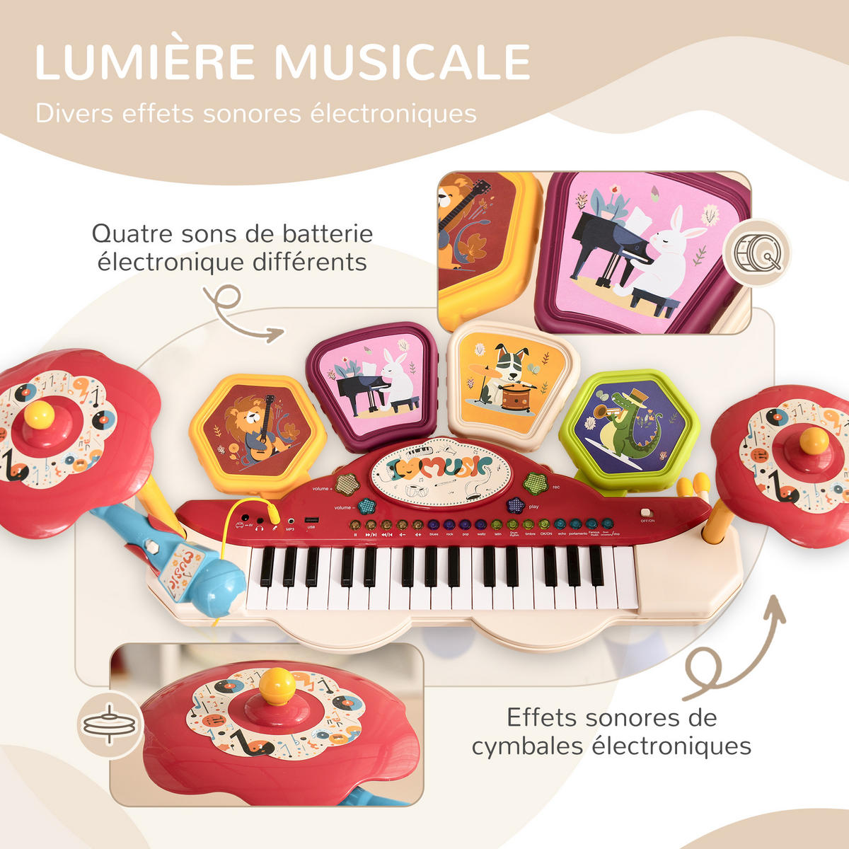 MUSIK-SET DE-18643 2-in-1 Piano & Schlagzeug mit Mikrofon - Multicolor, Kunststoff (32.2/71/74cm) - ComfortXL