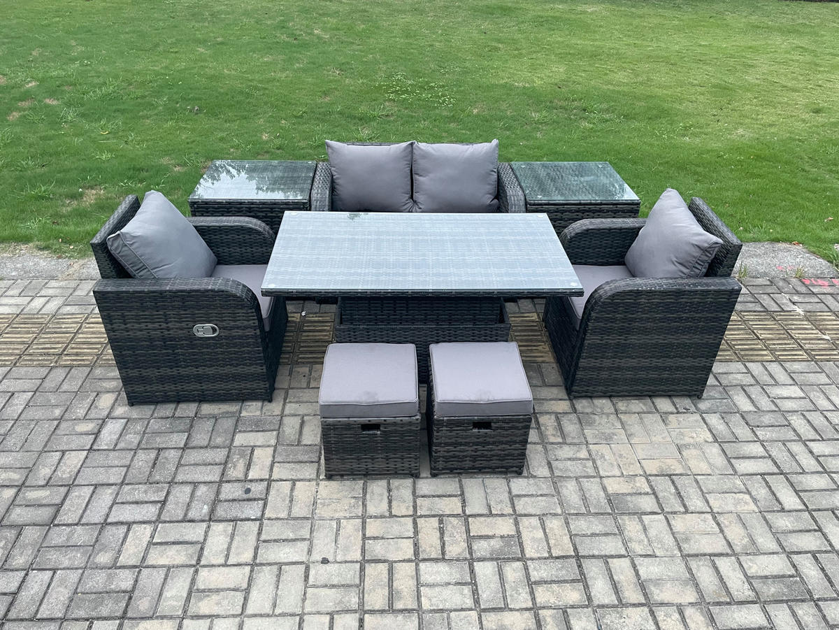 GARTENSOFA SET Polyrattan 6-Sitzer - Dunkelgrau/Grau, Glas/Kunststoff - Fimous