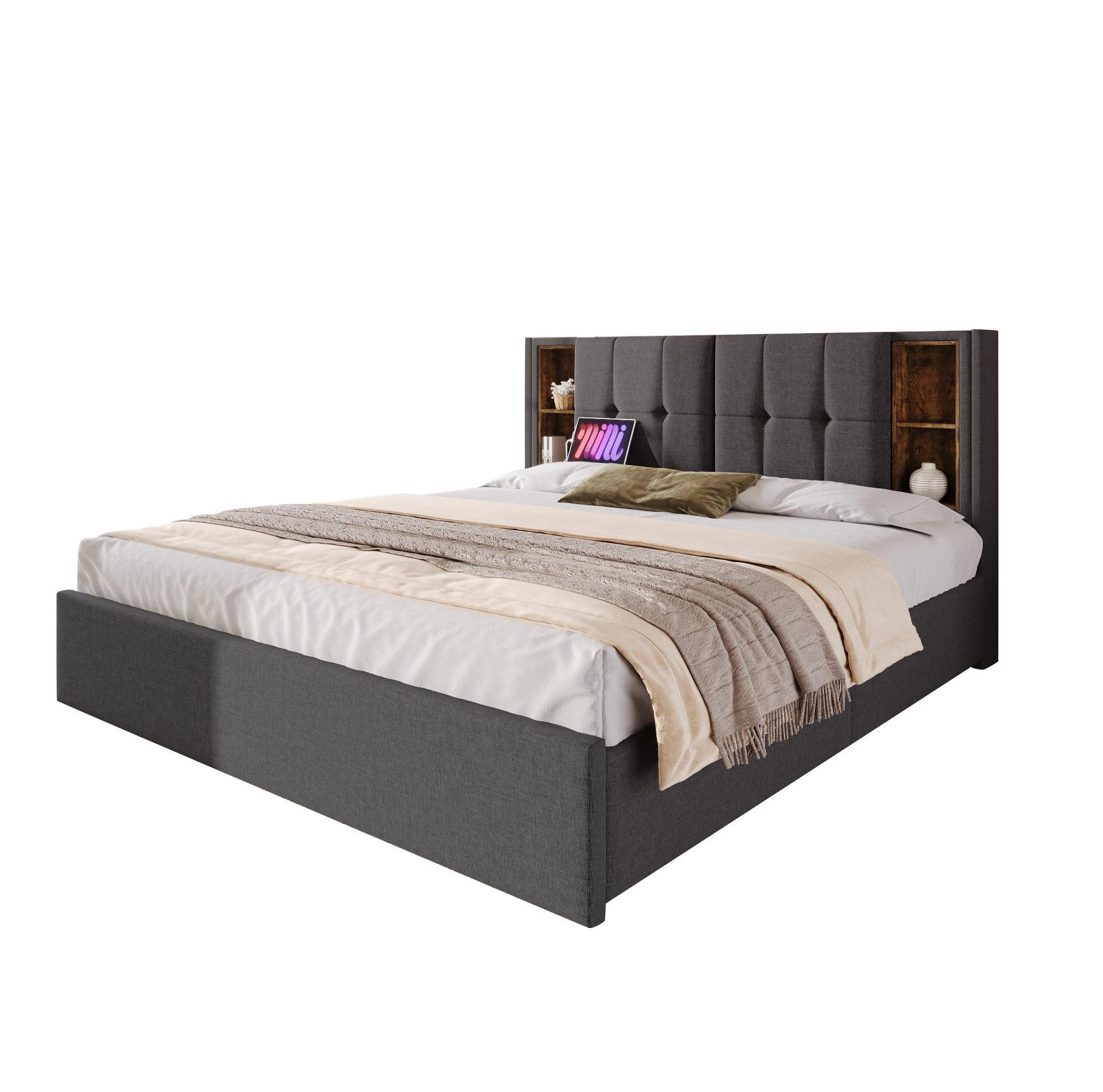BETT mit 4 Schubladen und Ladestation 160x200 cm Leinen Grau - Grau, Metall (160/200cm) - Meubliv