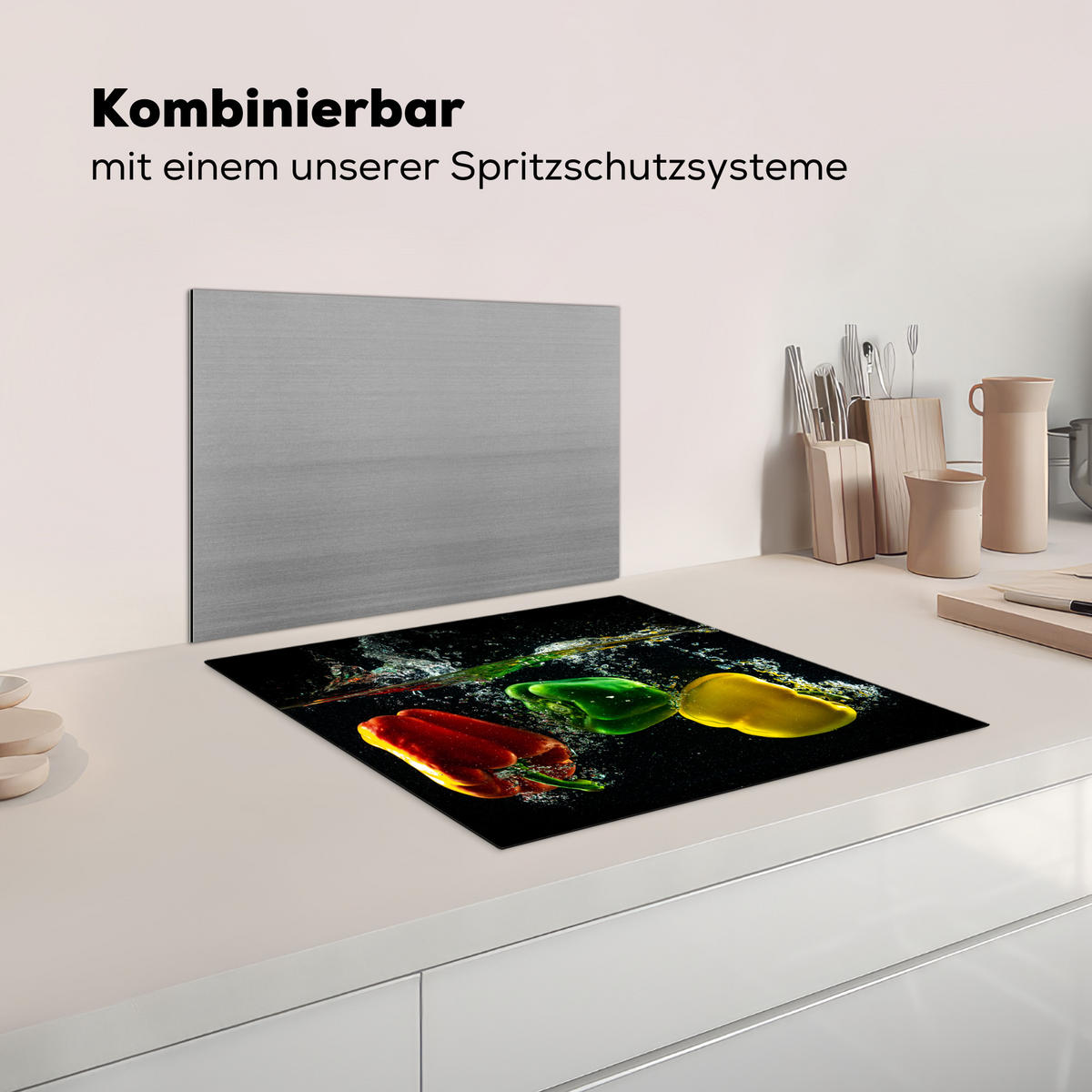 HERDABDECKPLATTE Paprika - Gemüse - Wasser - Schwarz - Rot - Grün - Gelb Herdabdeckung Induktionsfeld 60x52 cm - Multicolor, Kunststoff (60/52/0.2cm) - MuchoWow