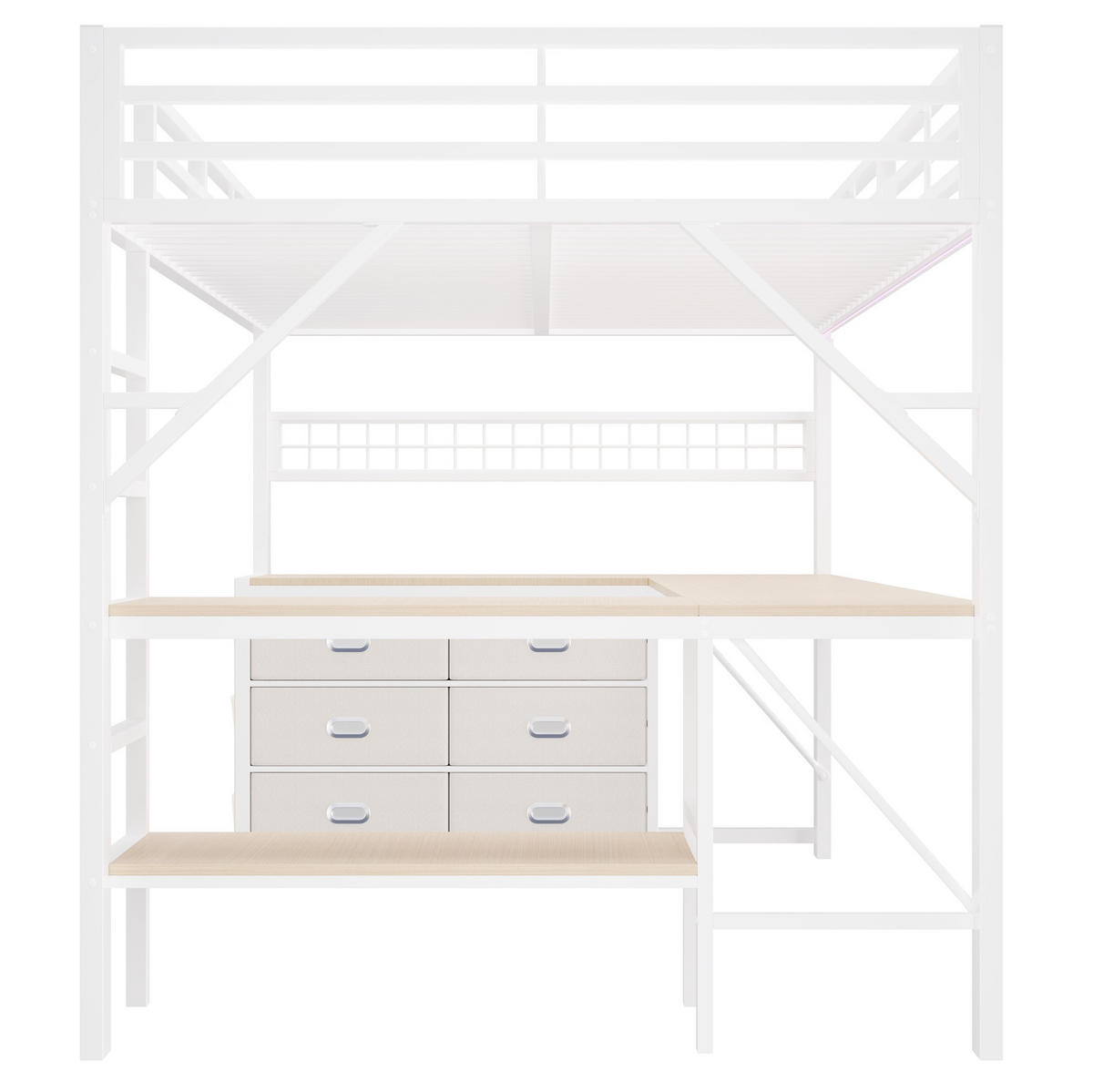 HOCHBETT Metall/MDF 140x200 cm Weiß mit Schreibtisch, Stauraum und LED-Beleuchtung - Weiß, Holzwerkstoff (140/200cm) - Modfu