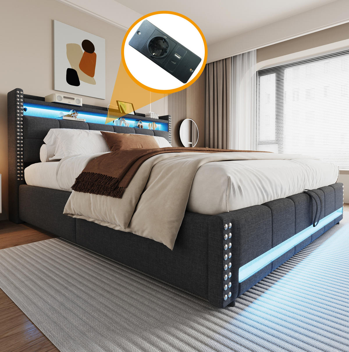 POLSTERBETT 180/200 cm Grau mit LED-Beleuchtung, USB und Stauraum - Grau, Textil (180/200cm) - Flora Grace