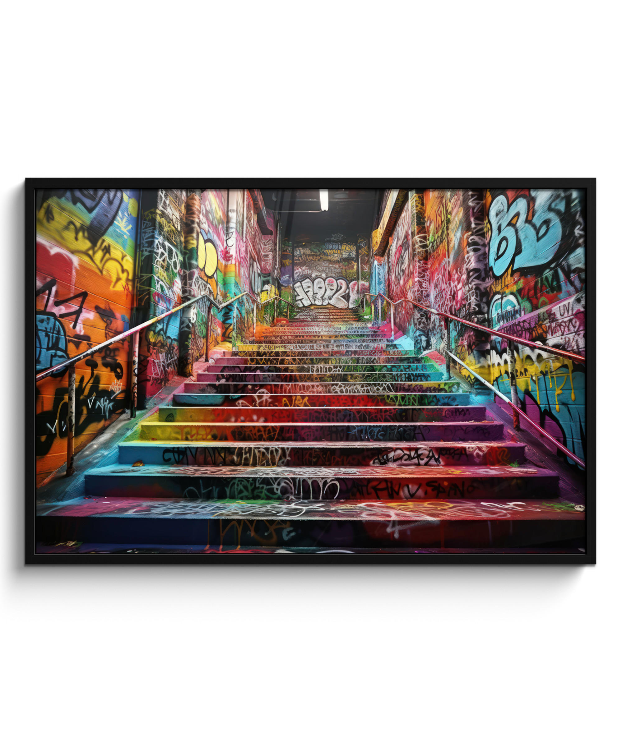 POSTER MIT RAHMEN Treppe - Graffiti - Farben - Kunst 120x80 cm - Multicolor, Papier (120/80cm) - MuchoWow