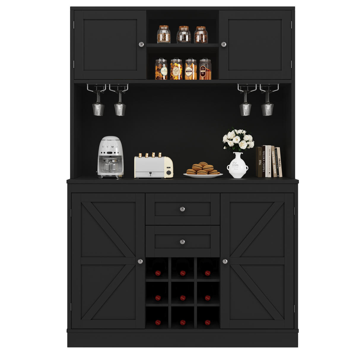 GESCHIRRSCHRANK aus MDF 120x40x188cm in Schwarz mit Weinregal - Schwarz, Holzwerkstoff (120/188/40cm) - Modfu