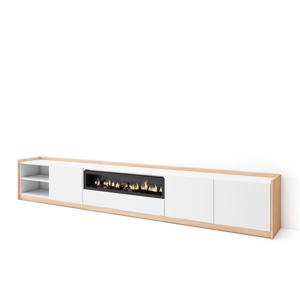 TV-SCHRANK, Lowboard, Weiß und Eiche Soft, Elektrokamin, 310/37/50cm - Weiß, Holzwerkstoff (310/50/37cm) - Skraut Home