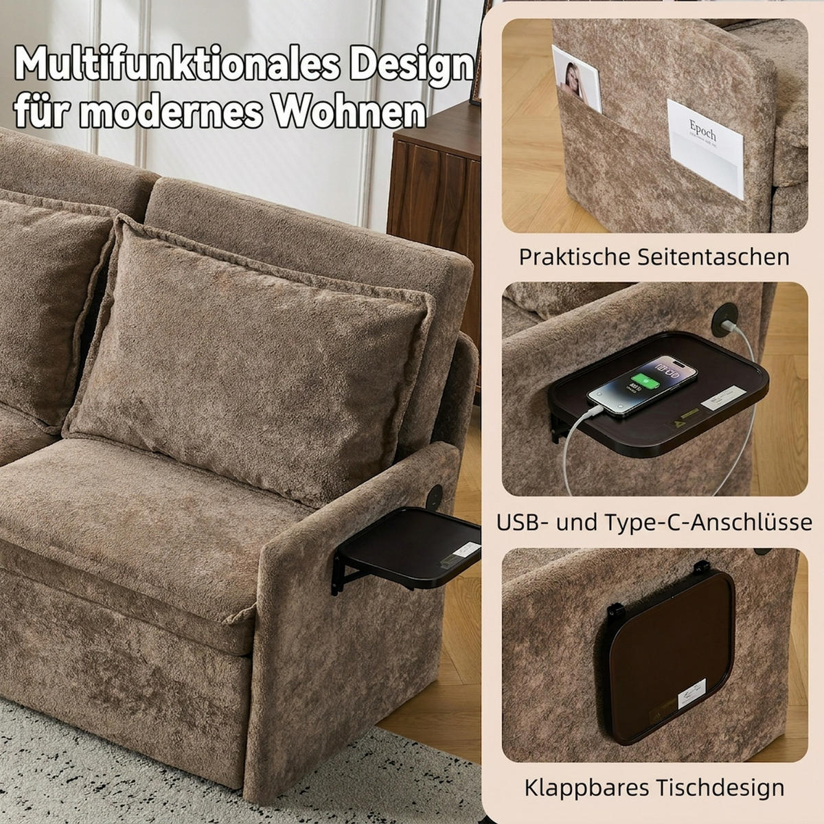 SCHLAFSOFA 172.5/71/95 cm Braun mit USB-Anschluss, 5-fach verstellbarer Rückenlehne und Stauraum - Braun, Textil (71/95/172.5cm) - Oxeza