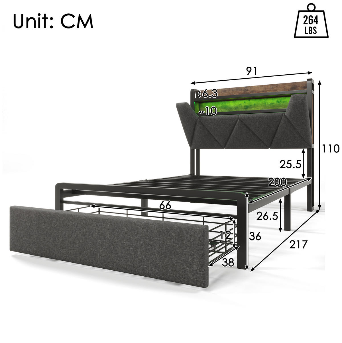TAPECIRANI krevet od lana 90x200 cm sivi s LED rasvjetom, USB/Type-C priključcima, uzglavljem za odlaganje i ladicom - siva, tekstil (90/200cm) - Modfu