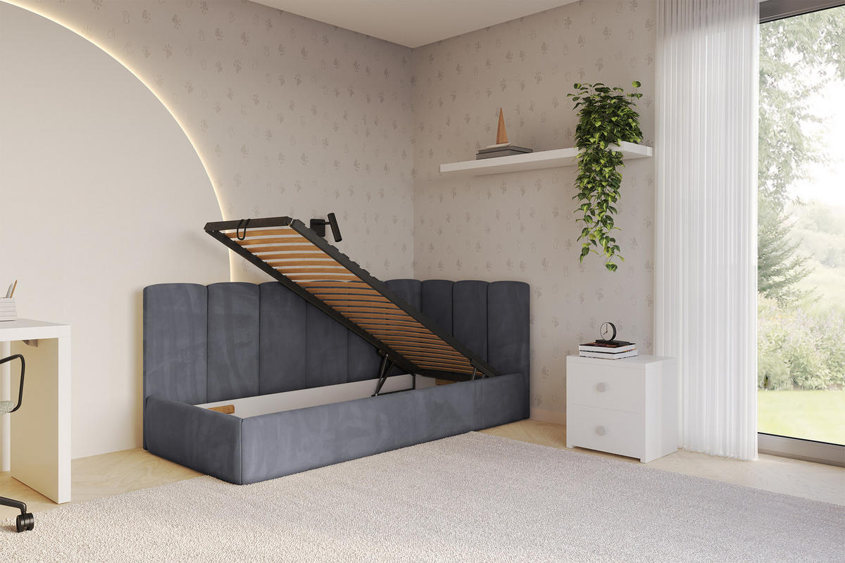 EINZELLBETT Jugendbett mit Bettkasten, Links - DEXY 90x200 Dunkelgrau - Dunkelgrau, Holzwerkstoff/Textil (90/200cm) - ALTDECOR