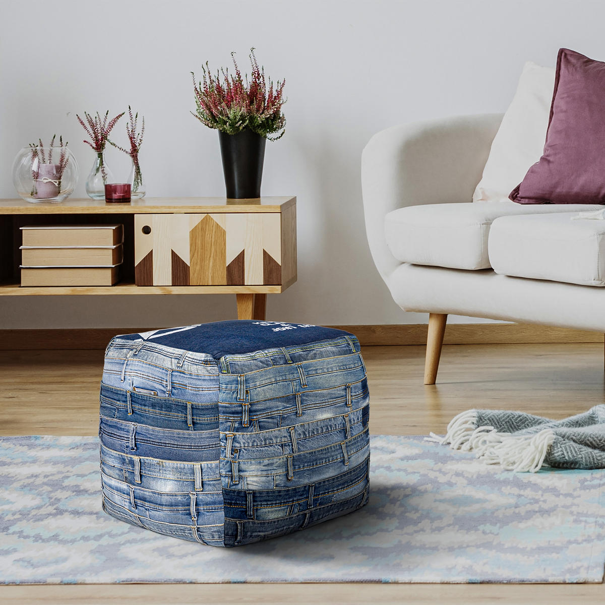 SITZPOUF 45x45x45 cm quadratisch Blau aus Jeans Baumwolle Füllung - Blau, Textil (45/45/45cm) - WOMO-DESIGN