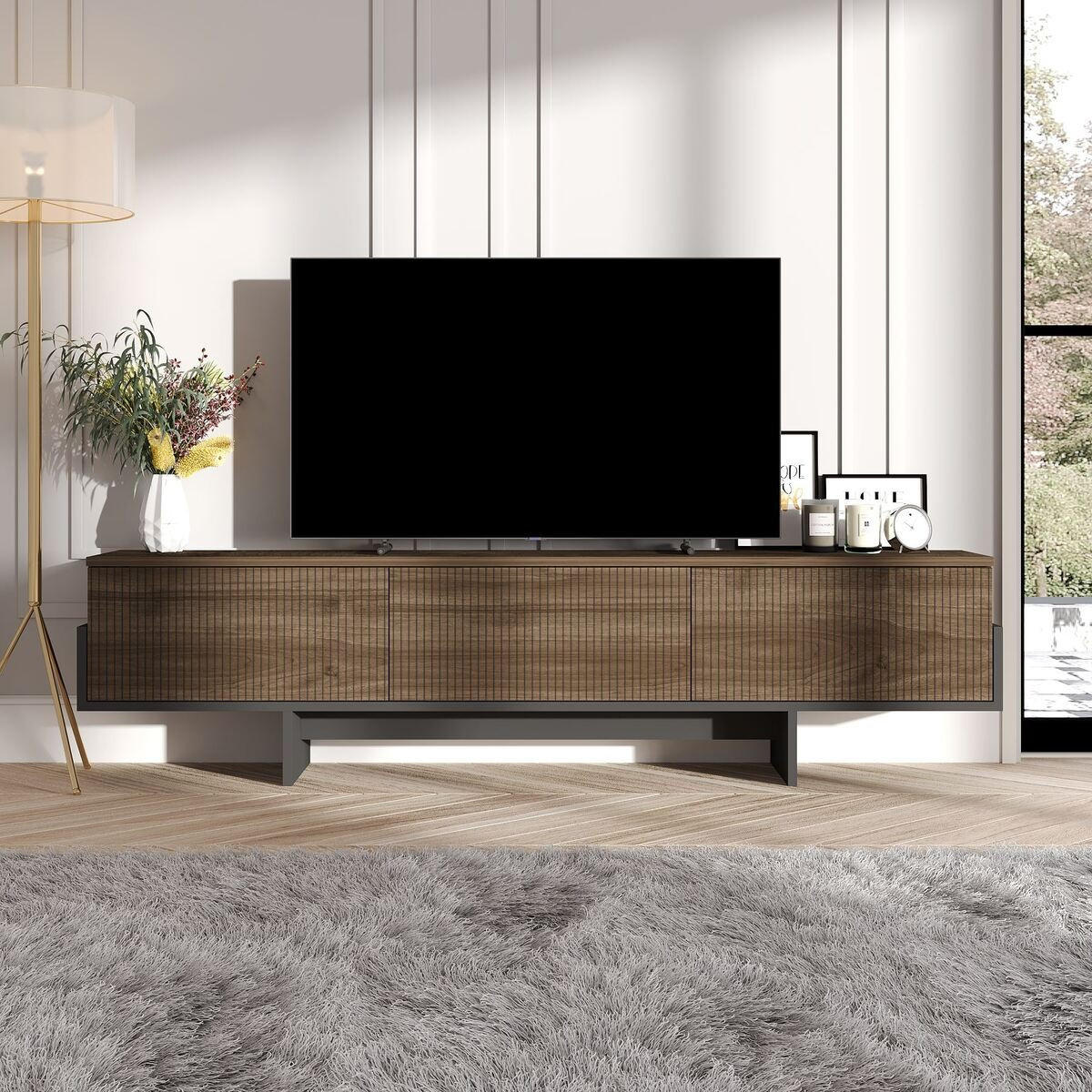 TV-MÖBEL mit 3 abklappbaren Türen gestreift 30/180/44,6 cm - Schwarz, Holzwerkstoff (30/44.6/35cm) - Calicosy