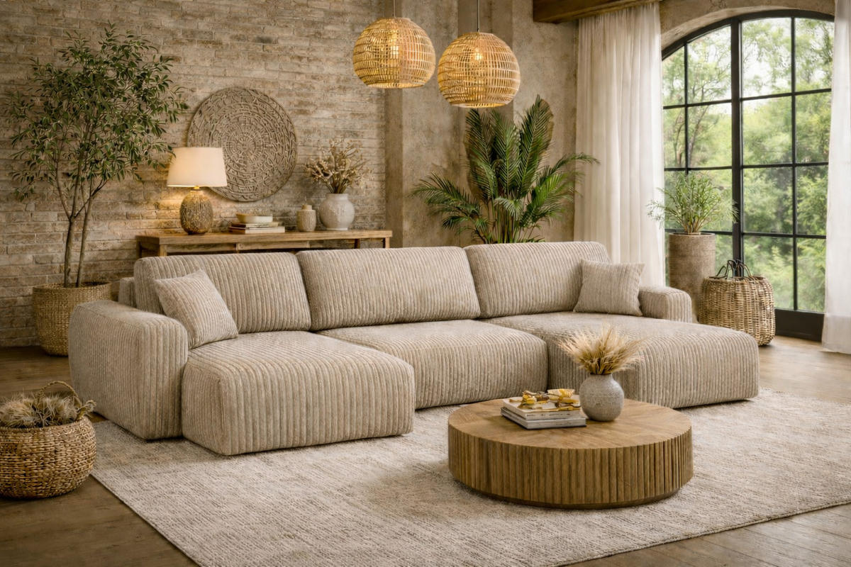 ECKSOFA Mit Schlaffunktion Und Bettkasten U-Form Ariel U, Cordstoff Poso, Dunkelbeige - Beige, Holz (342/142cm) - Kaiser Möbel