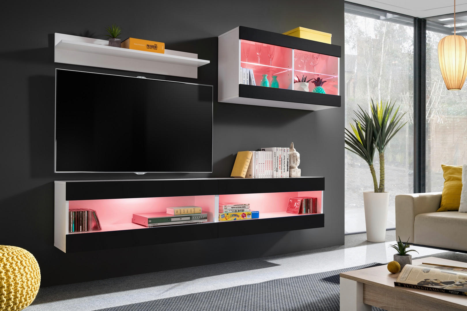 WOHNWAND 4-er Set, TIVOLI SET6 mit mehrfarbige LED RGB Beleuchtung Weiß + Schwarz, Offener Raum - Eiche Wotan/Schwarz, Glas/Holzwerkstoff (240/195/35cm) - Komodee