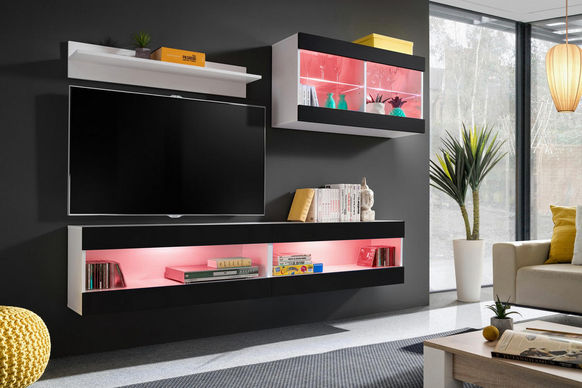 WOHNWAND 4-er Set, TIVOLI SET6 mit mehrfarbige LED RGB Beleuchtung Weiß + Schwarz, Offener Raum - Eiche Wotan/Schwarz, Glas/Holzwerkstoff (240/195/35cm) - Komodee