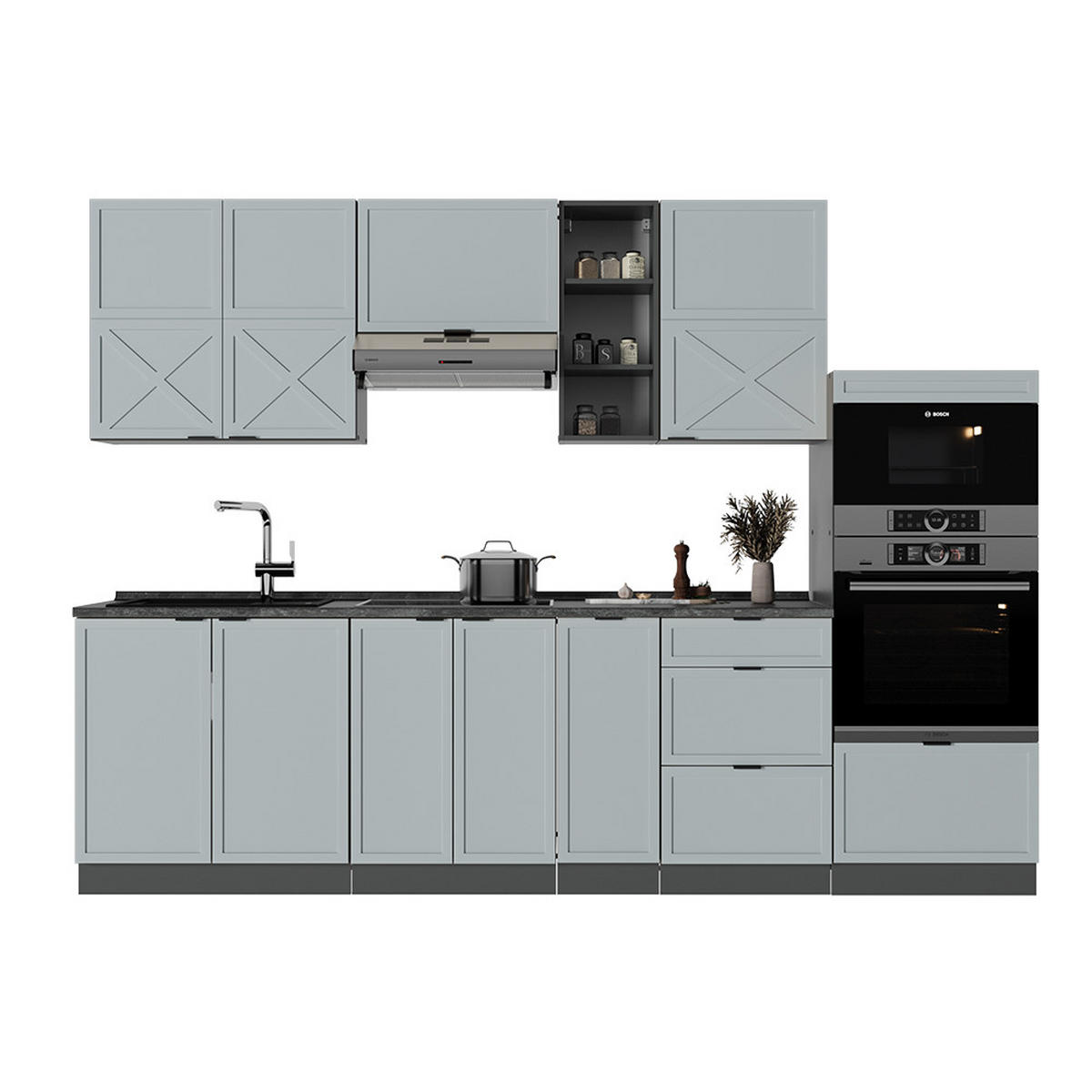 KÜCHENZEILE Fame-Line Hellblau-grau/Anthrazit 280 cm ohne AP - Anthrazit/Blaugrau, Holzwerkstoff (280/81.6/46cm) - Vicco