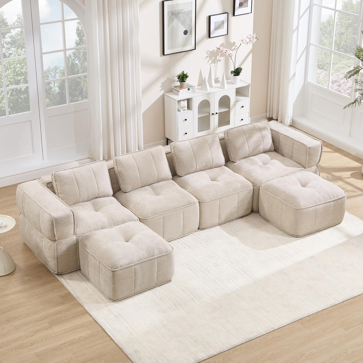 WOHNLANDSCHAFT DE-34428 4-Sitzer U-Form mit 2 Hockern Beige - Beige, Textil (162/67/344cm) - ComfortXL
