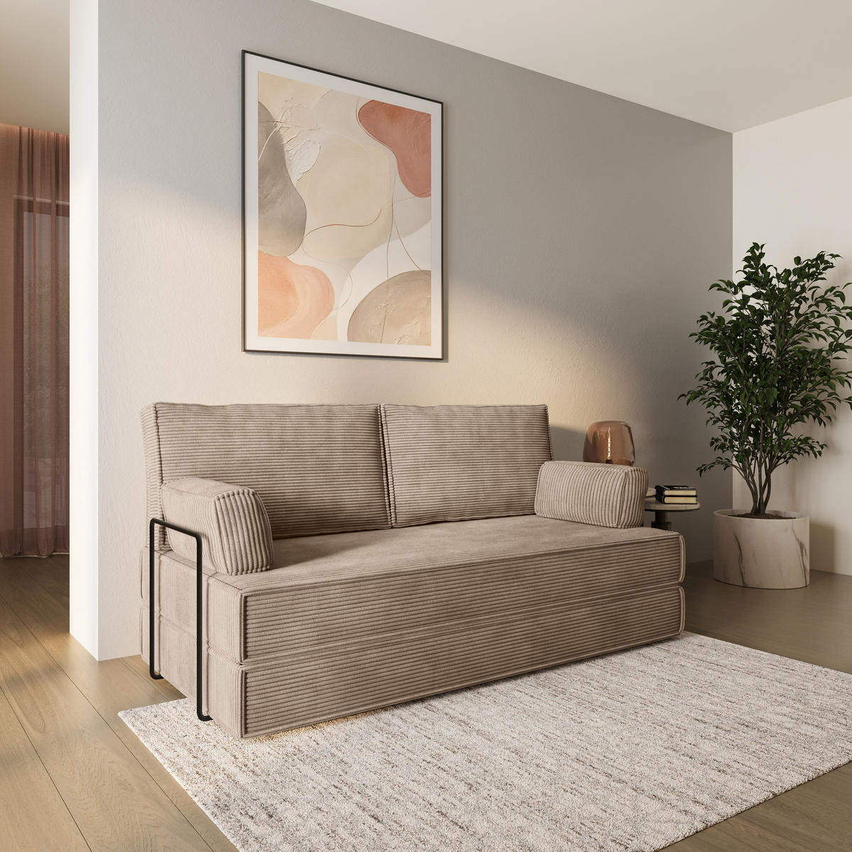 BETTSOFA SILAR aus Schaumstoff Cordstoff Beige Schlaffunktion - Beige, Textil (170/86/80cm) - MASSENO