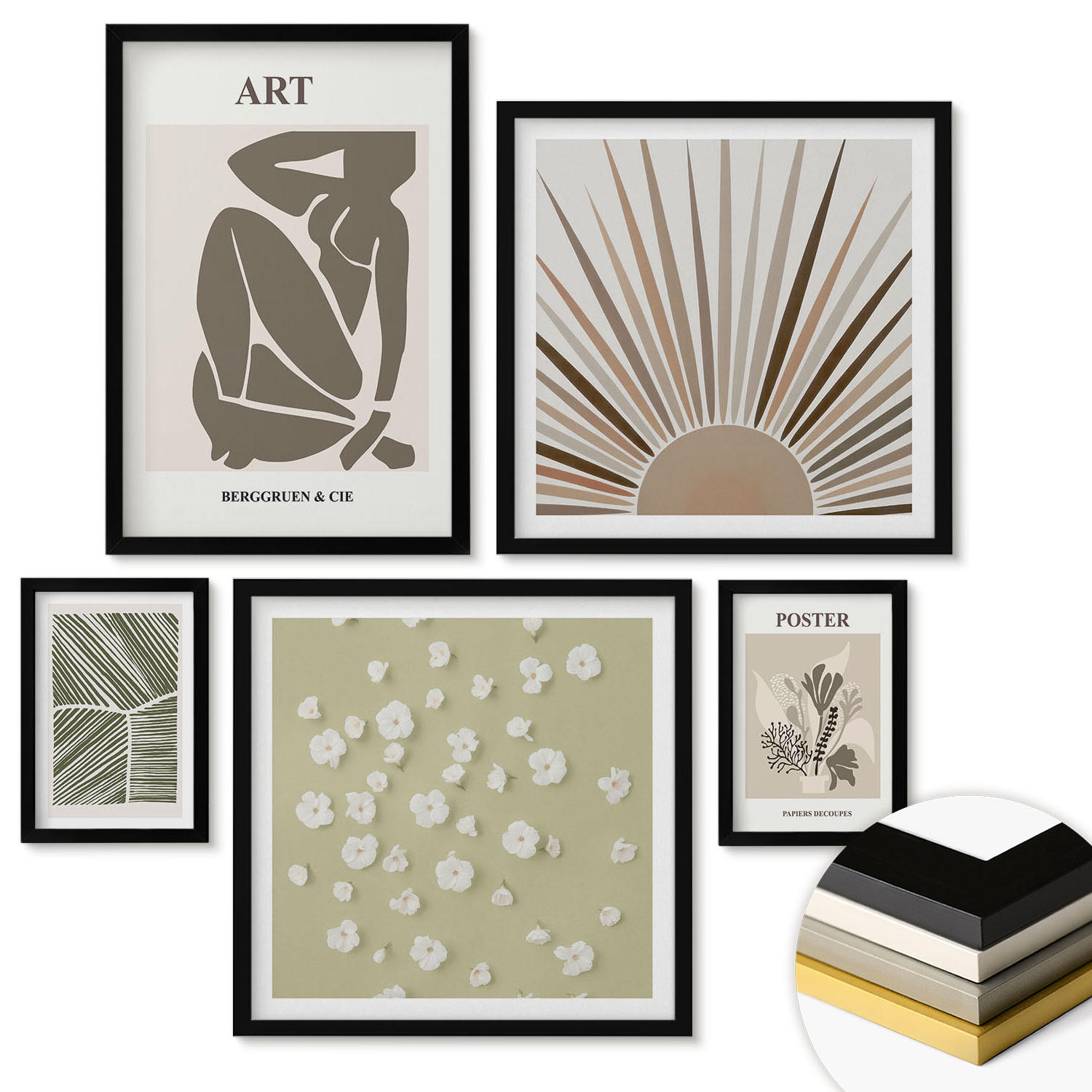 WANDBILDER 5er-Set - 50x50 cm & 20x30 cm & 40x60 cm Schwarzer Rahmen - Pflanzenmotive in gedeckten Farben - Schwarz, Kunststoff (40/60cm) - ArtPrintCave