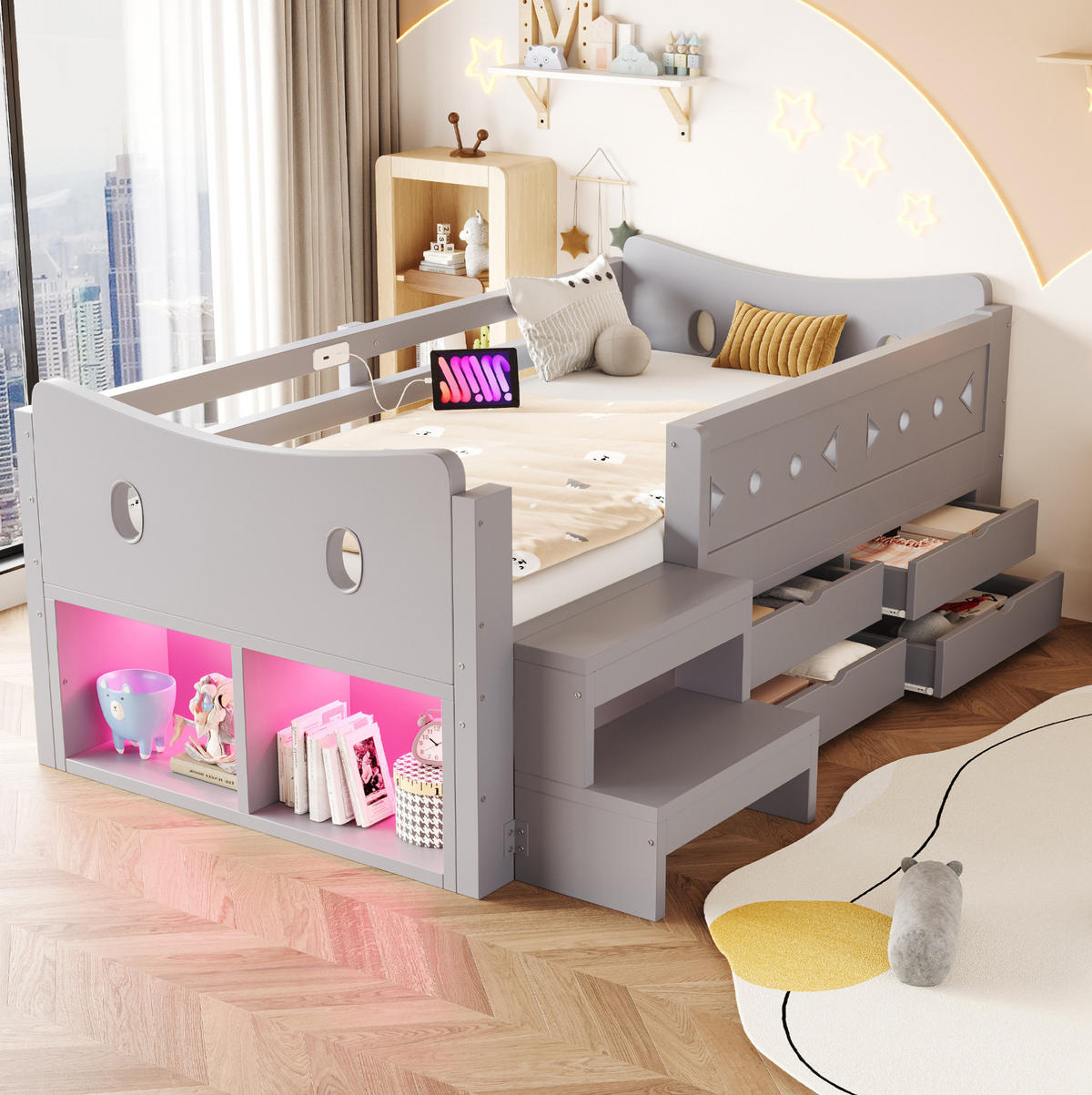 KINDERBETT Holz 90x200 cm Grau mit Stauraum, Sicherheitsgitter, LED, USB & Typ-C - Grau, Holz (90/200cm) - Modfu