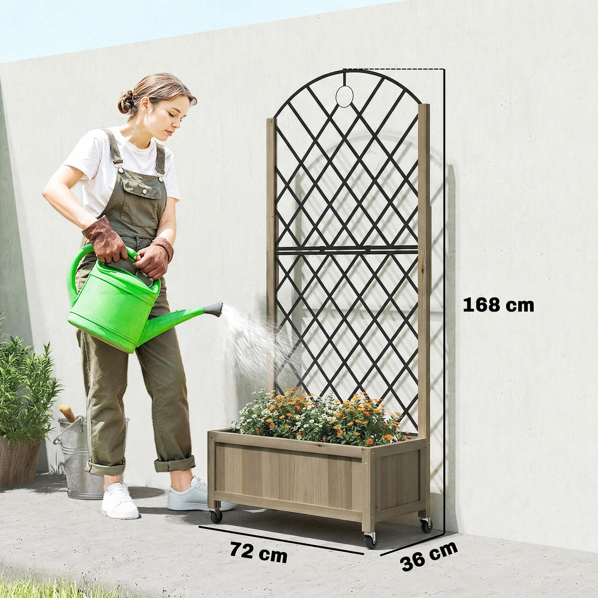 HOCHBEET DE-12293 mit Rankgitter auf Rollen, 72/36/168 cm Carbonisiert - Braun, Holz (72/168/36cm) - ComfortXL