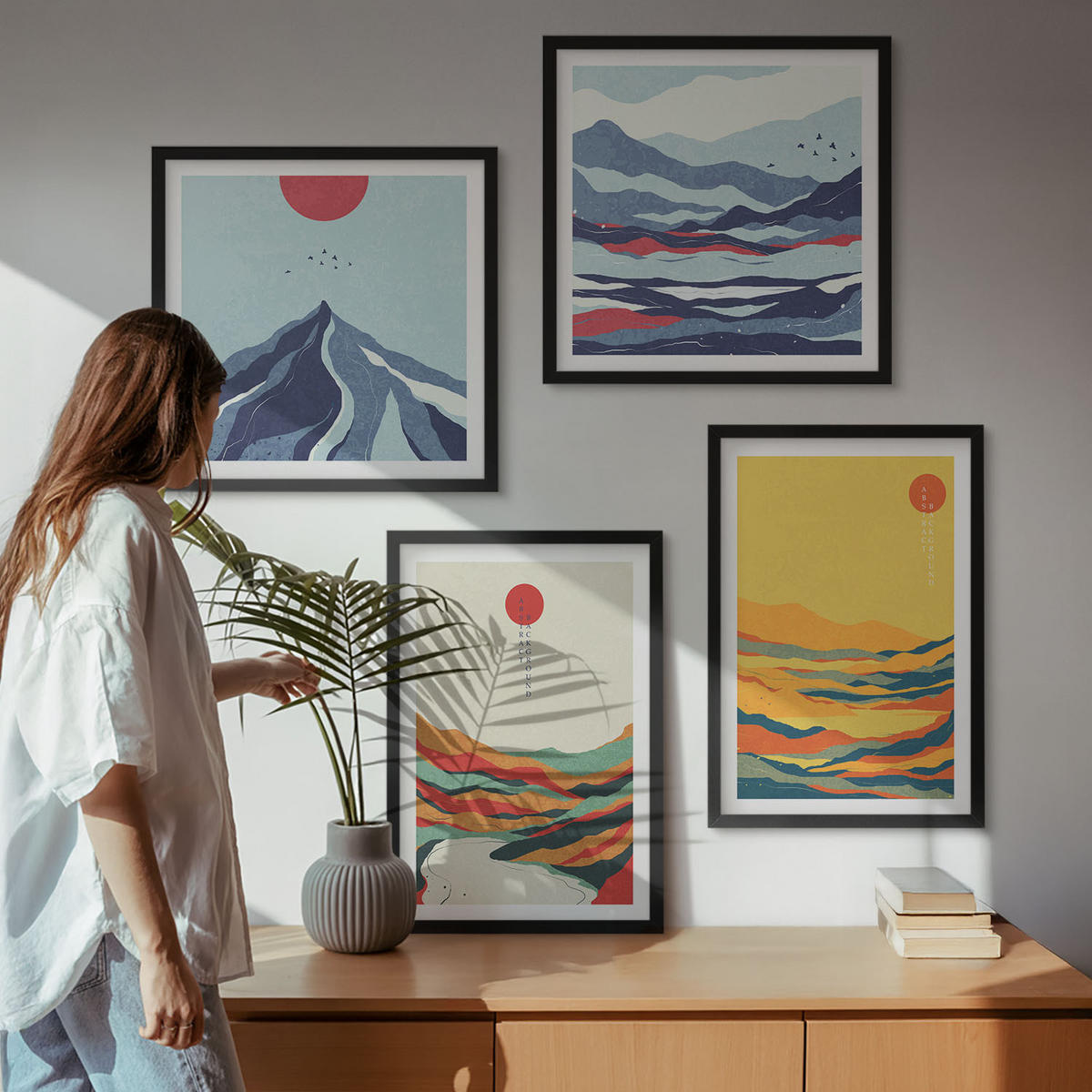 BILDER SET 4er Set - 50x50 cm & 40x60 cm Schwarzer Rahmen - Farbenfrohe abstrakte Flussberge - Schwarz, Kunststoff (50/50cm) - TULUP