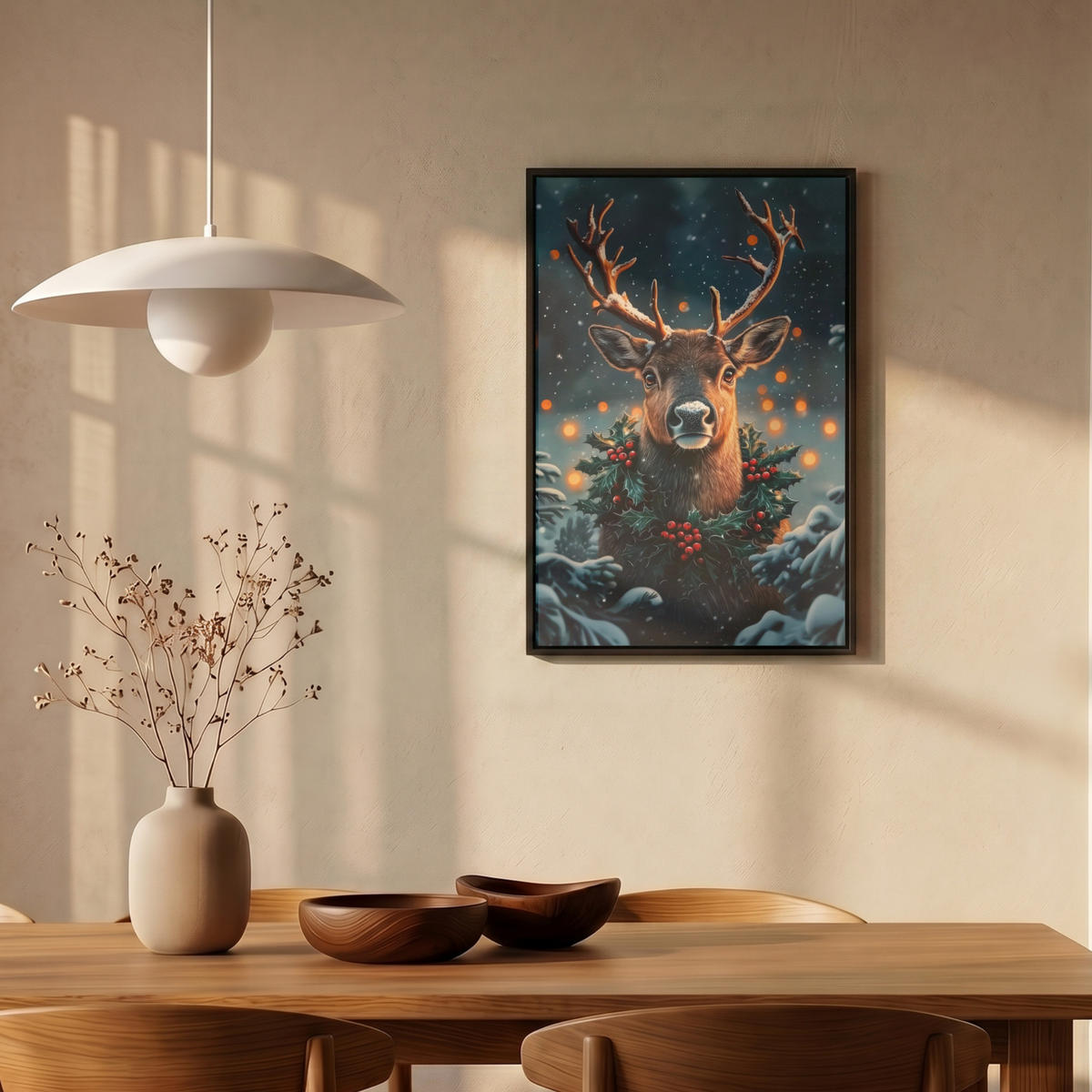LEINWAND Bilder mit Rahmen - Hirsch - Weihnachten - Winter - Schnee - Weihnachtskranz - 40x60 - Dunkelbraun, Textil (40/60cm) - MuchoWow