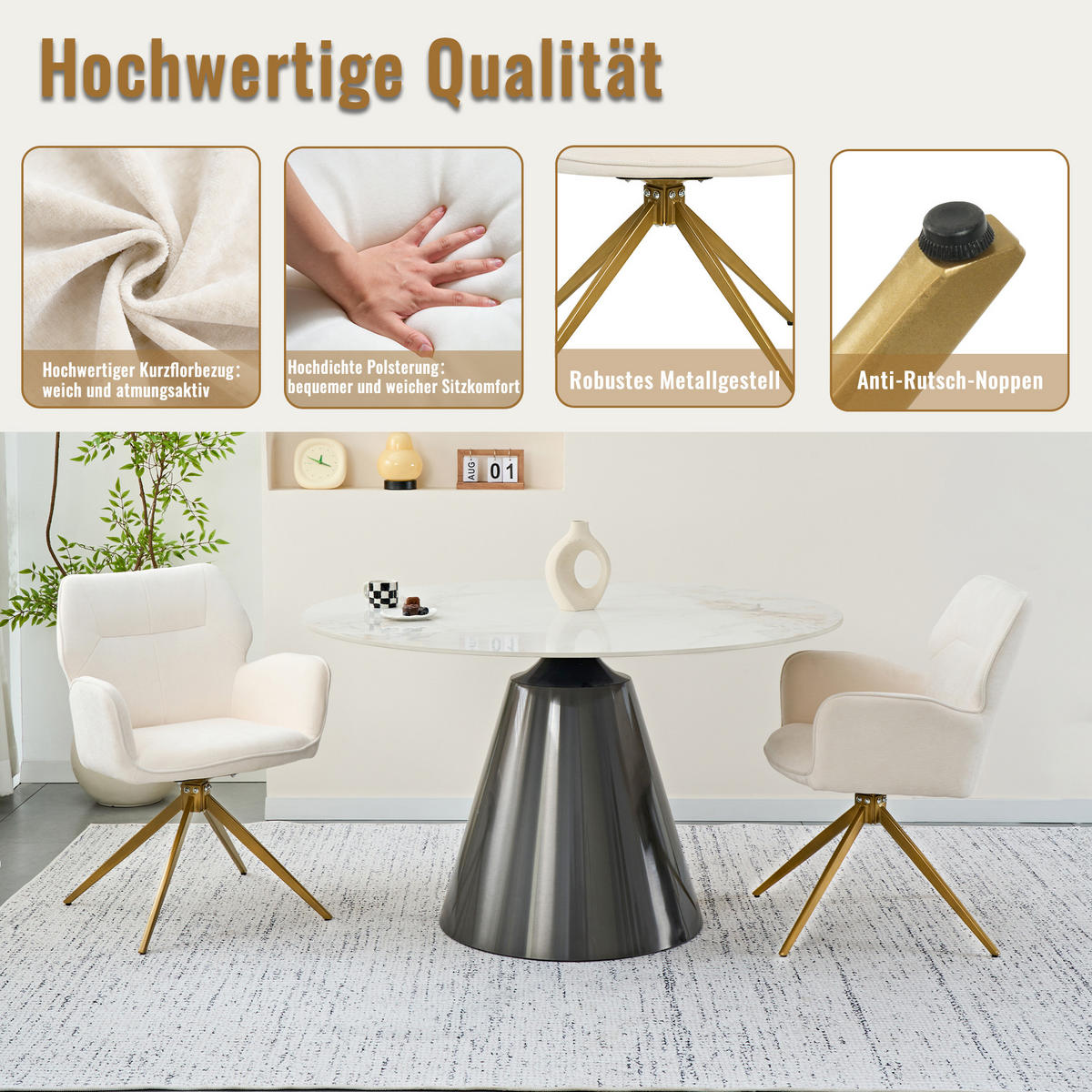 STUHL mit Samtbezug stabil Weiß 45x53.5x84 cm Metall 2er-Set - Weiß, Metall (45/84/53.5cm) - SONNENH