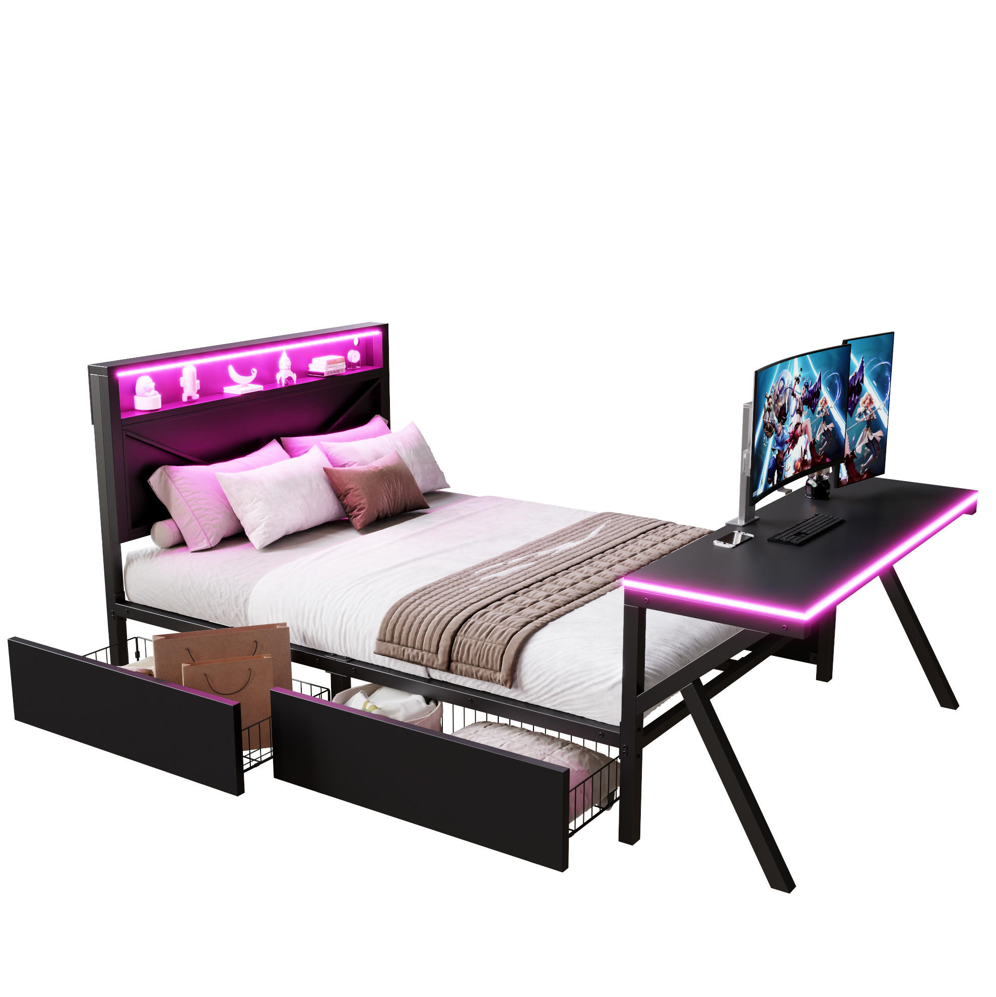 METALLBETT 140/200 cm mit LED-Kopfteil, LED-Schreibtisch und 2 Schubladen, MDF/Metall, Schwarz - Schwarz, Holzwerkstoff (140/200cm) - Redom