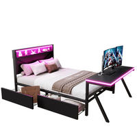 METALLBETT 140/200 cm mit LED-Kopfteil, LED-Schreibtisch und 2 Schubladen, MDF/Metall, Schwarz - Schwarz, Holzwerkstoff (140/200cm) - Redom