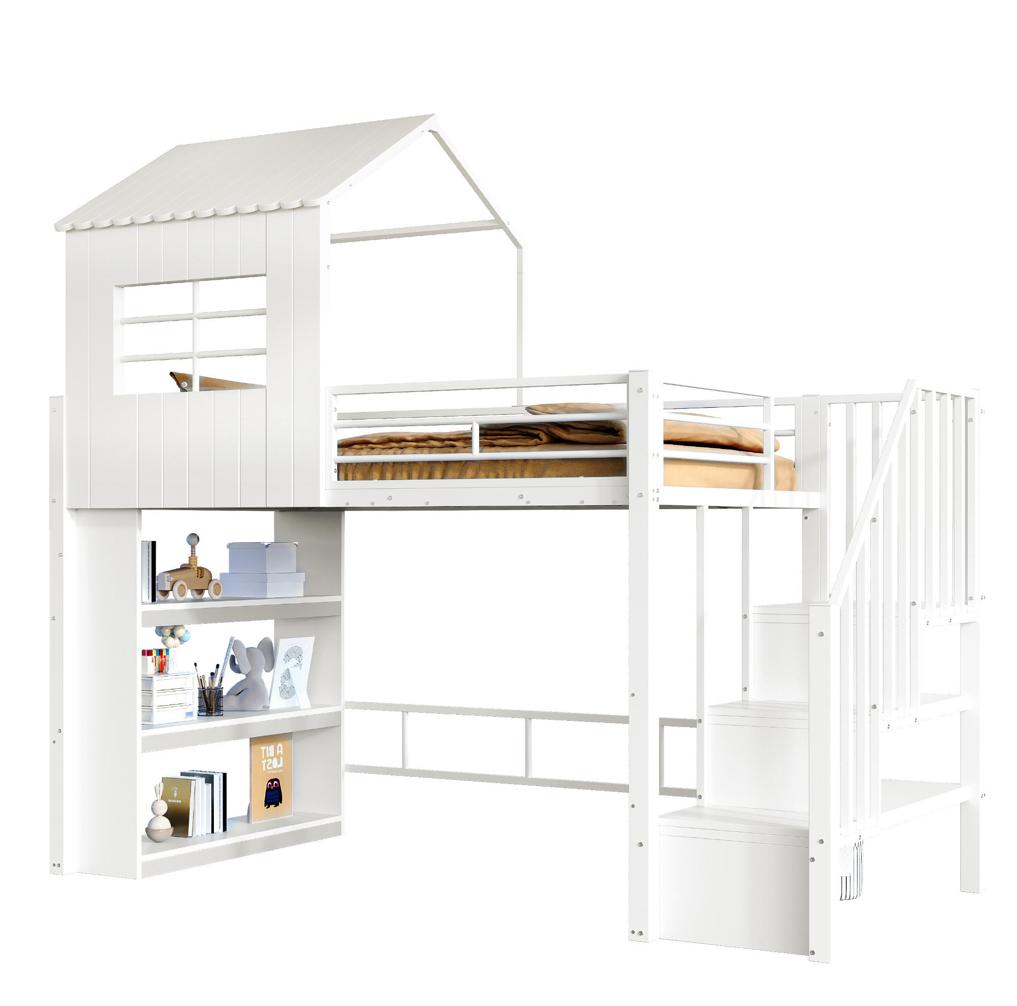 HOCHBETT 90/200 cm aus Metall und MDF mit Stauraumtreppe, Regal und Freiraum unter dem Bett, Weiß - Weiß, Metall (90/200cm) - Redom