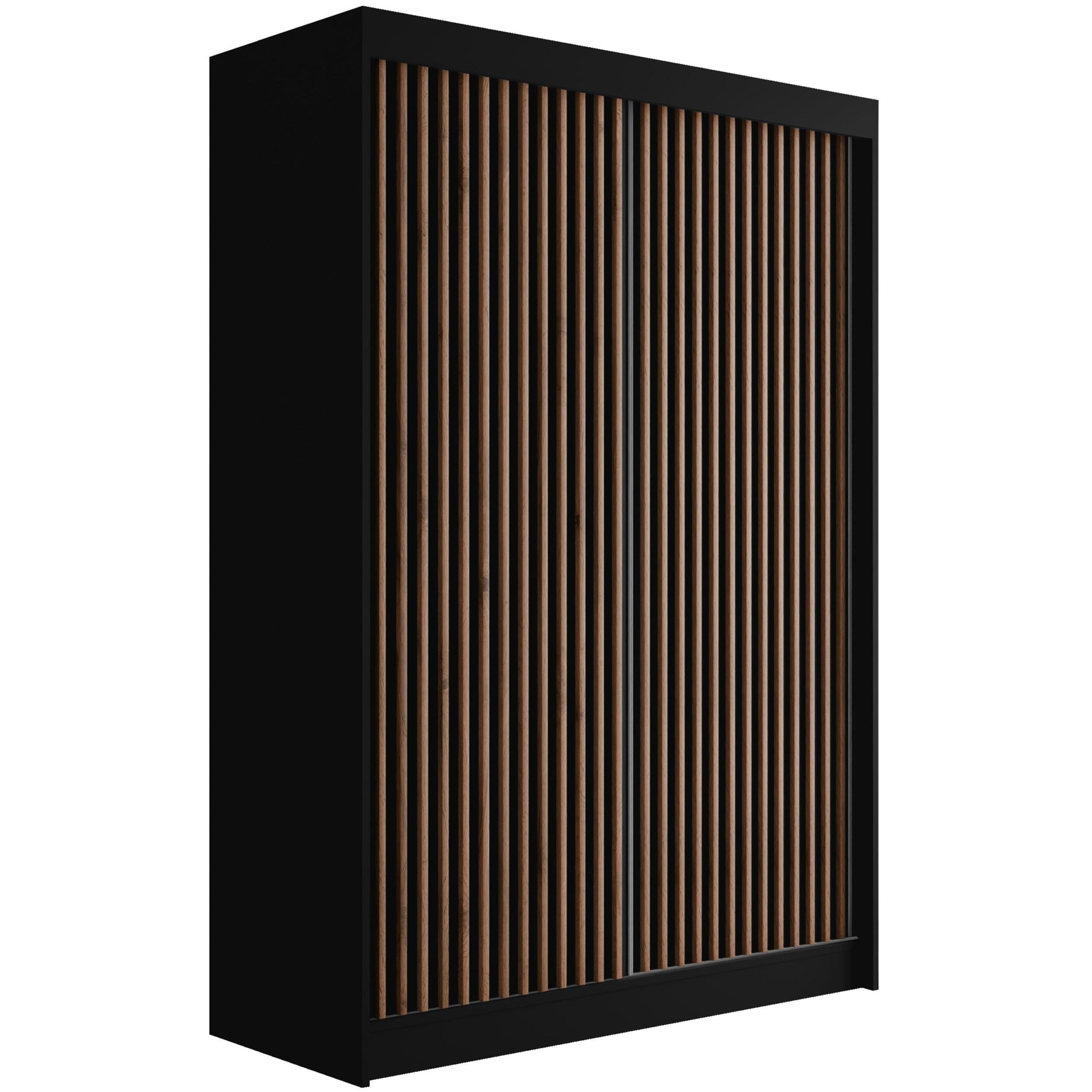 ALTDECOR ŠATNÍ SKŘÍŇ s lamelovými posuvnými dveřmi VILANv2 – 150 cm černá + lamely dub wotan