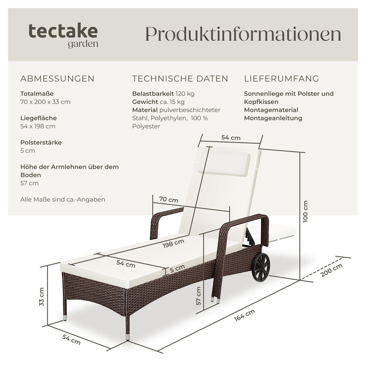 RATTAN-SONNENLIEGE, 200 x 70 x 33 cm, braun gemischt - Braun, Kunststoff (70/33/200cm) - tectake