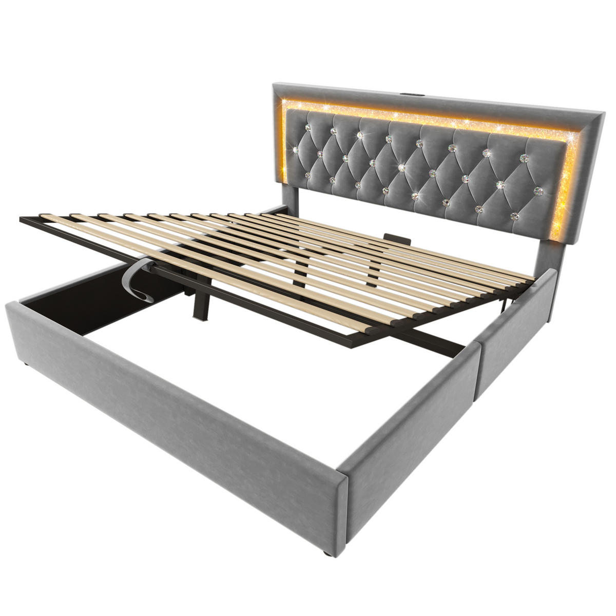 POLSTERBETT 160/200 cm Grau mit LED-Diamantband USB-Anschluss und hydraulischem Bettkasten - Grau, Textil (160/200cm) - OKWISH