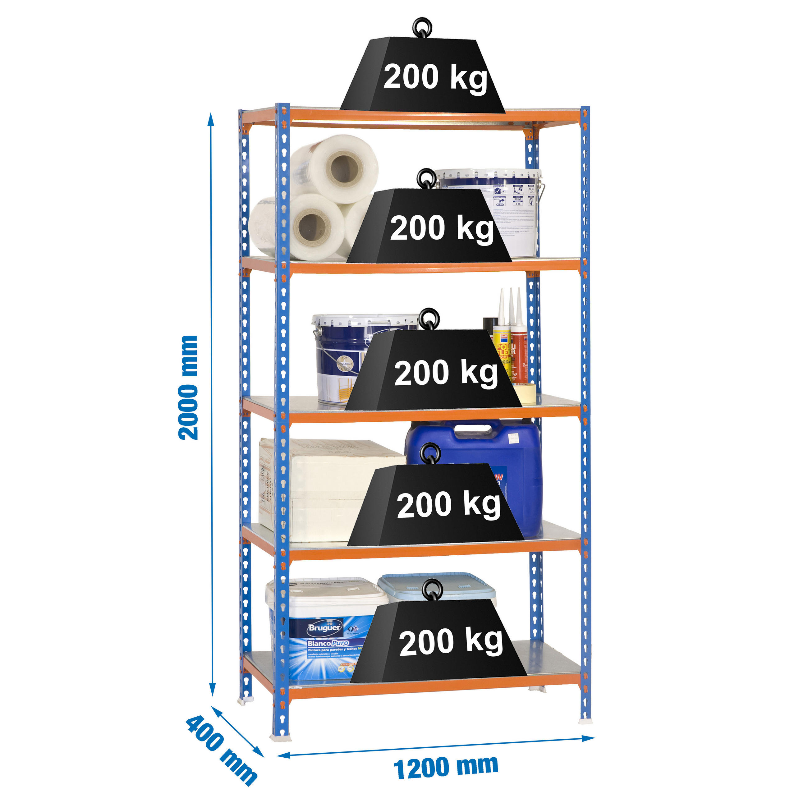 SCHWERLASTREGAL Big Metal Shark HxBxT 200 x 120 x 40 cm Fachlast 200 kg Blau-Orange - Gelb, Metall (120/200/40cm) - PROREGAL