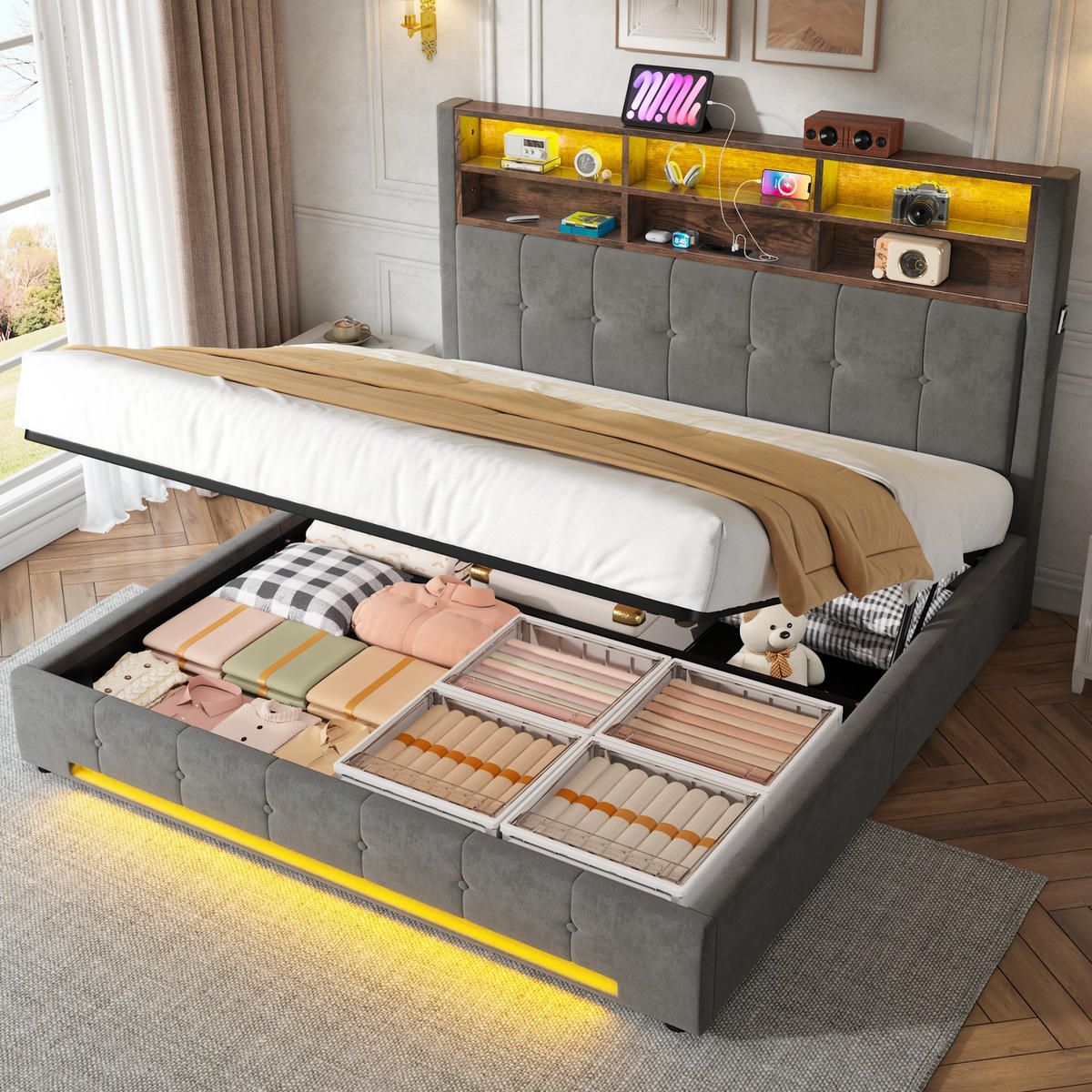 POLSTERBETT 180/200 cm Dunkelgrau mit 6 Fächer, Seitentaschen, USB-C und LED - Dunkelgrau, Textil (180/200cm) - Oxeza