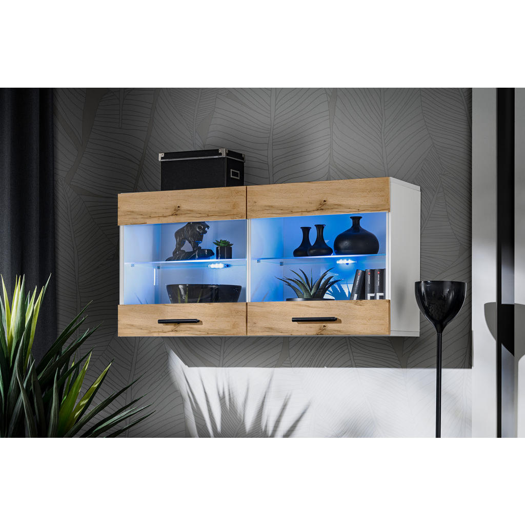 Thumbnail - Komodee Hängevitrine, Weiß, Eiche Wotan, Glas, 2 Fächer, Rechteckig, 100x50x27.2 cm, Wohnzimmer, Wohnwände, Vitrinenschr...