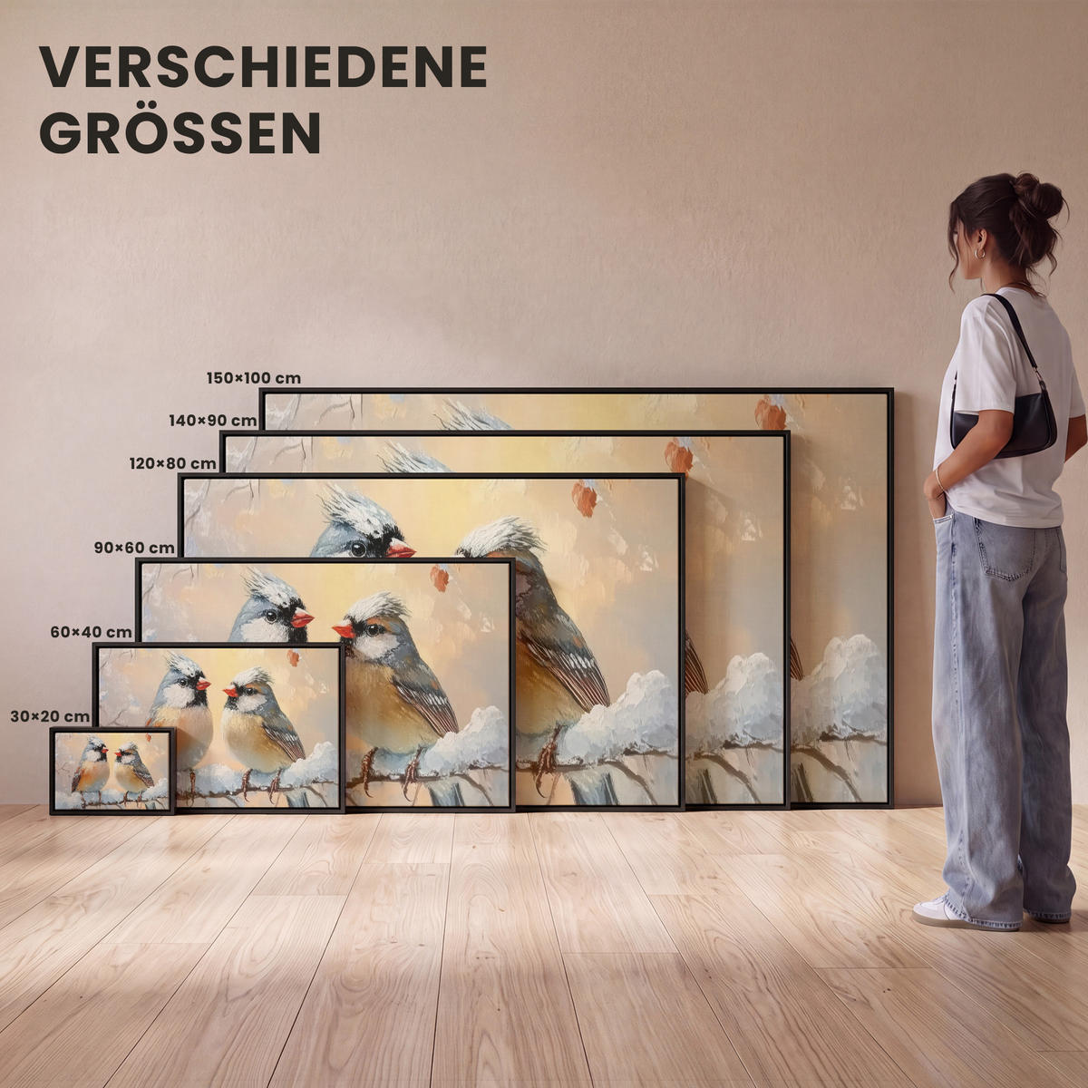 LEINWAND Bilder mit Rahmen - Vögel - Zweig - Winter - Schnee - 90x60 - Pastellblau, Textil (90/60cm) - MuchoWow