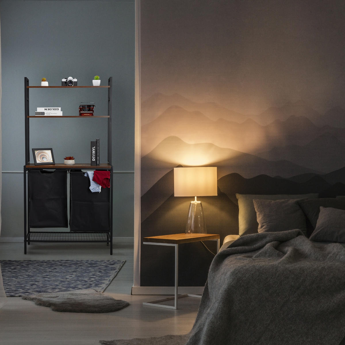 KOŠ na prádlo - různobarevná, kov/kompozitní dřevo (80/162/34cm) - Relaxdays