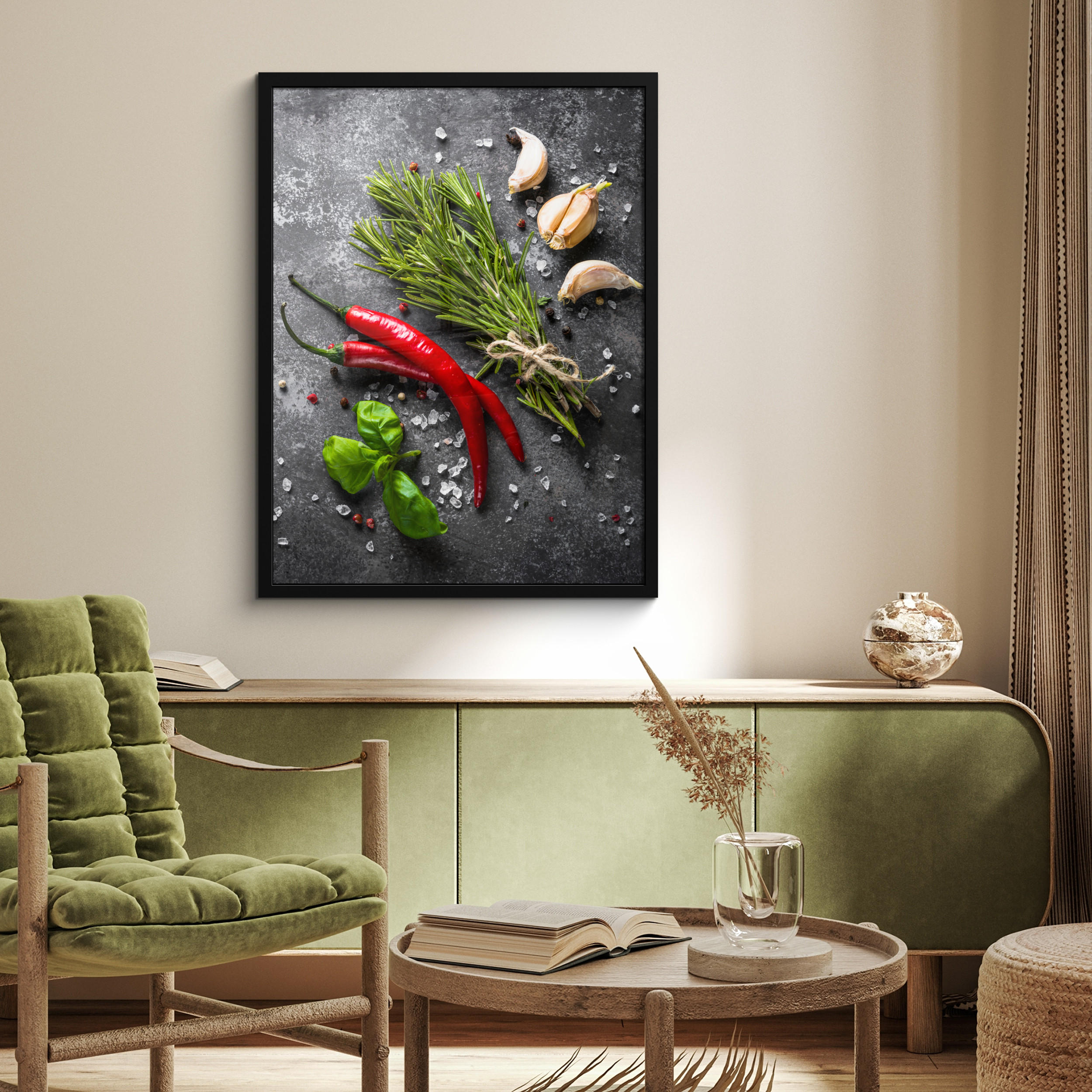 GERAHMTES BILD Pfeffer - Kräuter - Gewürze - Beton 60x80 cm - Dunkelgrau, Papier (60/80cm) - MuchoWow