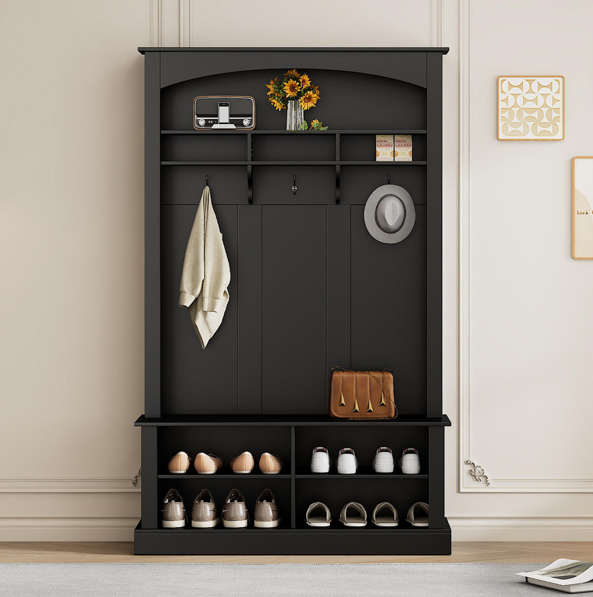 STANDGARDEROBE mit Sitzbank, 3 Haken und Schuhablage, Schwarz, 120/40/190 cm - Schwarz, Holzwerkstoff (120/190/40cm) - BEAOK
