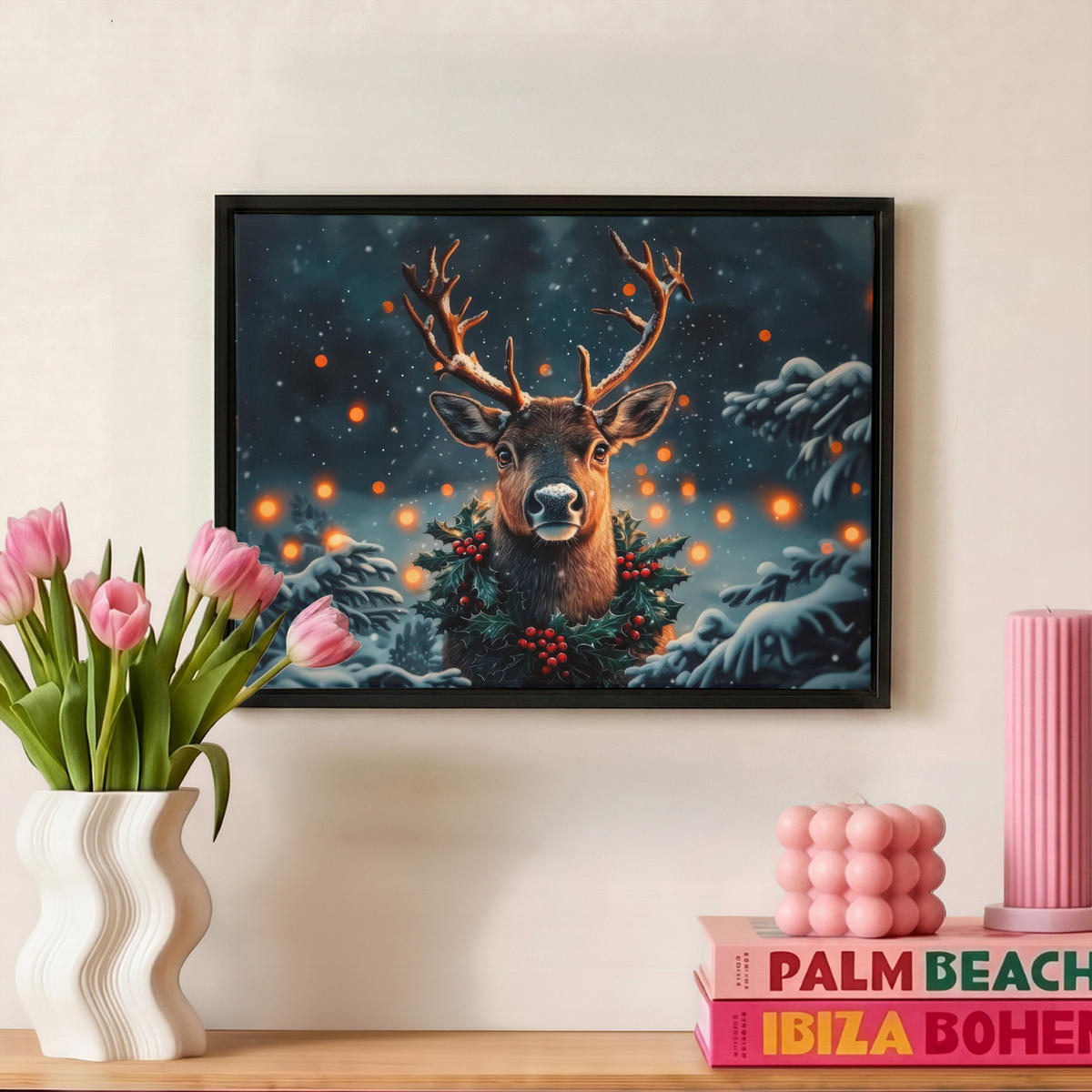 LEINWAND Bilder mit Rahmen - Hirsch - Weihnachten - Winter - Schnee - Weihnachtskranz - 40x30 - Dunkelbraun, Textil (40/30cm) - MuchoWow