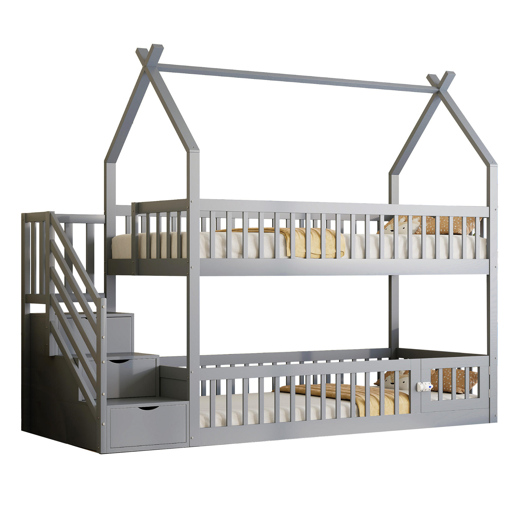 HAUSBETT 90/200 cm Grau mit Dach, Treppe und Schubladen - Grau, Holz (90/200cm) - Flora Grace