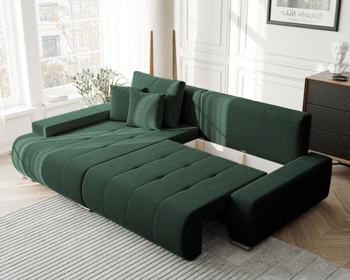 ECKSOFA NIKO Links, mit Schlaffunktion und Bettkasten, Grün - Grün, Textil (227/153cm) - Idohome