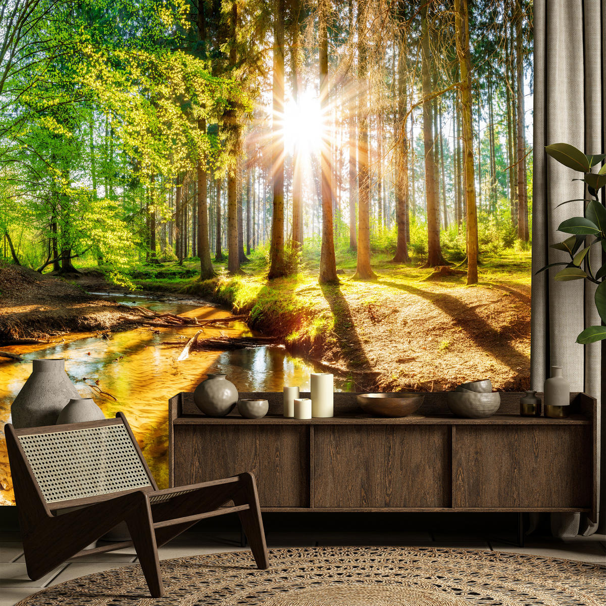 FOTOTAPETE für Wohnzimmer Pflanzen Natur Gras Sonniger Wald Bäume 400x280 - Multicolor, Papier (400/280cm) - Muralo