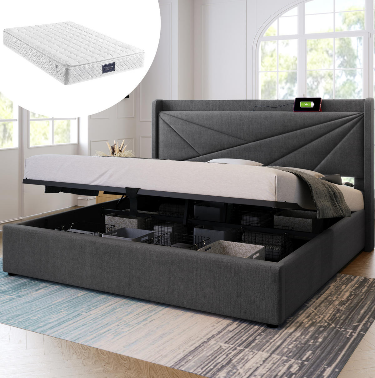 POLSTERBETT Baumwoll-Leinen 140x200 cm Grau mit Bettkasten, USB- und USB-C-Anschluss, Matratze - Grau, Textil (140/200cm) - IVMEU